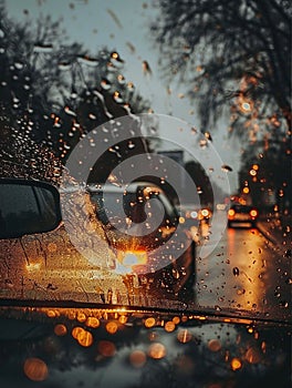 View from driver seat in metro city on a bad weather raining day