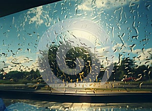 View from driver seat in metro city on a bad weather raining day