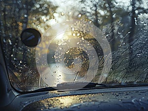 View from driver seat in metro city on a bad weather raining day