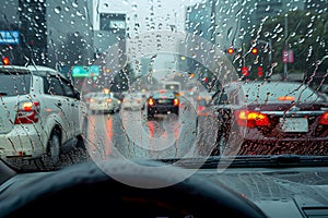 View from driver seat traffic jam in metro city on a bad weather raining day