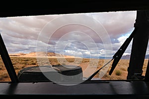 View from drivers position in an SUV, driving off road in Morocc