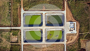 View from the drone. Aerial photography of sewage treatment plants. Water treatment. Sewage Water Plant. Farm Dirty Water