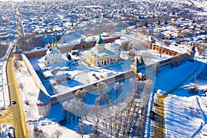 View from drone of architectural ensemble of Zaraysk Kremlin in winter