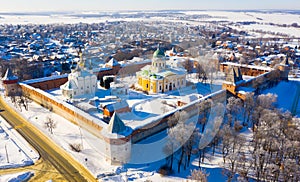 View from drone of architectural ensemble of Zaraysk Kremlin in winter