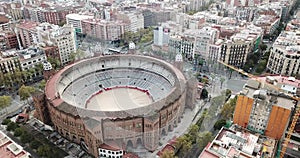 view from drone of Barcelona bullring La Monumental and Eixample district