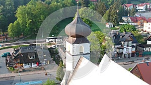 View from drone at the Church in old Polish city