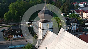 View from drone at the Church in old Polish city