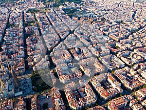 View from drone of Eixample district with Sagrada Familia