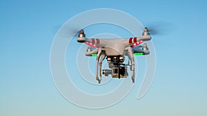 View of drone flying with digital camera and blue sky background