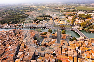 View from drone of French town Agde