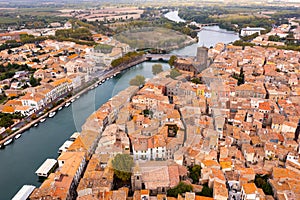 View from drone of French town Agde