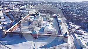 View from drone of the Kremlin citadel in Zaraysk on a sunny frosty winter day, Russia