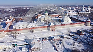 View from drone of the Kremlin citadel in Zaraysk on a sunny frosty winter day, Russia