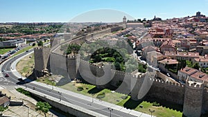 View from drone of main walls of medieval Spanish fortified city of Avila
