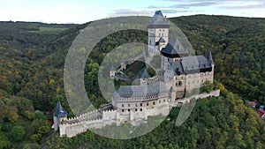 View from drone of medieval castle in Karlstejn town, Czech Republic