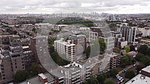 View from a drone on a modern building in the suburbs of London.