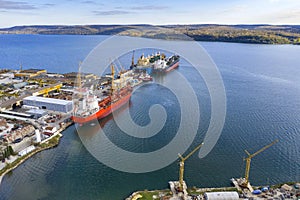 view from a drone of a port with ships. Water transport