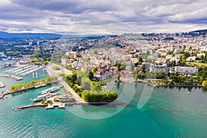 View from drone of Swiss town Lausanne