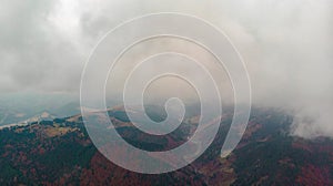 View from a drone to a glade and autumn forest through the fog in the Carpathian mountains