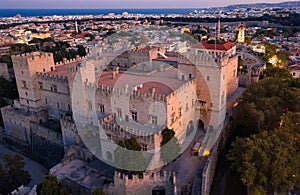 View from the drone to the Palace of the Grand masters , the evening sun sunset, island of Rhodes, Greece