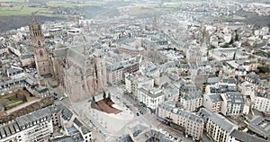 View from drone of town of Rodez with Cathedral of Notre-Dame, France
