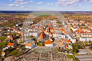 View from drone of Zmigrod townscape on sunny spring day, Lower Silesia Province,