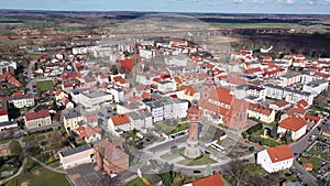View from drone of Zmigrod townscape on sunny spring day, Lower Silesia Province, Poland