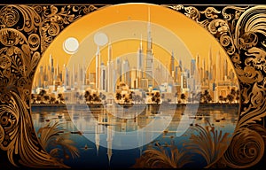 A view of the Dubai with the Burj Khalifa in style of Gustav Klimt photo