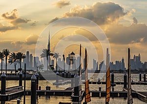 View of a Dubai city skyline from the wharf on Dubai creek harbour. UAE. City