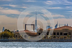 A view from the Dubai Creek towards the silhouette of downtown Dubai in the UAE