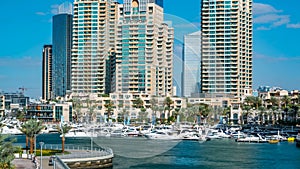 View of Dubai Marina modern Towers in Dubai at day time timelapse