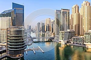 View of Dubai Marina skyscrapers in Dubai, UAE.