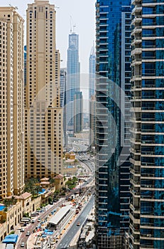 View on Dubai Marina skyscrapers and highway ,Dubai,United Arab Emirates