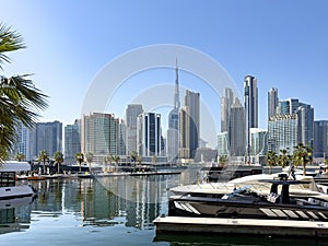 View of Dubai skyline including the Burj Khalifa, the world's tallest skyscraper as seen from Busine