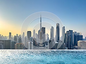 View of Dubai skyline including the Burj Khalifa, the world's tallest skyscraper as seen from Busine