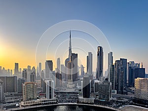 View of Dubai skyline including the Burj Khalifa, the world's tallest skyscraper as seen from Busine