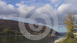 view of Duernstein town on a the Danube river bank