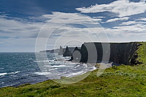 View of the Duncansby Sea Stacks and wild and rugged coastline of Caithness in the Scottish Highlands