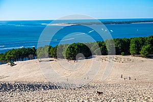 View from Dune of Pilat tallest sand dune in Europe in La Teste-de-Buch in Arcachon Bay area, France southwest of Bordeaux