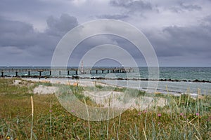 The view from the dunes to the Wustrow pier and the Baltic Sea
