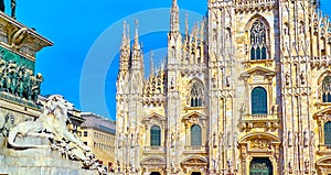 The view on Duomo and the pedestal of Statua di Vittorio Emanuele II, Milan, Italy photo