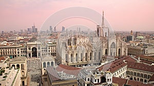 View of Duomo di Milano & Vittorio Emanuele Gallery from Martini terrace rooftop, skyscraper of Porta Nuova on background
