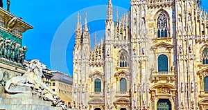 The view on Duomo and the pedestal of Statua di Vittorio Emanuele II, Milan, Italy