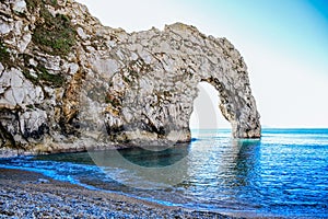 View of Durdle Door, a natural limestone arch on the Jurassic Coast near Lulworth in Dorset, England, UK