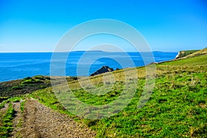 View of Durdle Door, a natural limestone arch on the Jurassic Coast near Lulworth in Dorset, England, UK