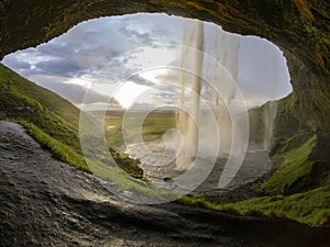 View of dusk from behind Seljalandsfoss