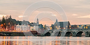 View at the Dutch Sint Servaas bridge with lights in Maastricht