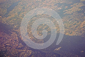 View of the earth landmass seen from an airplane window from Venice to Schiphol