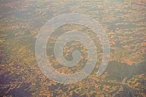 View of the earth landmass seen from an airplane window from Venice to Schiphol