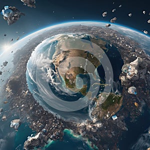 A view of Earth from space, heavily littered with human waste, showing landfills overflowing and oceans cluttered with plastic and